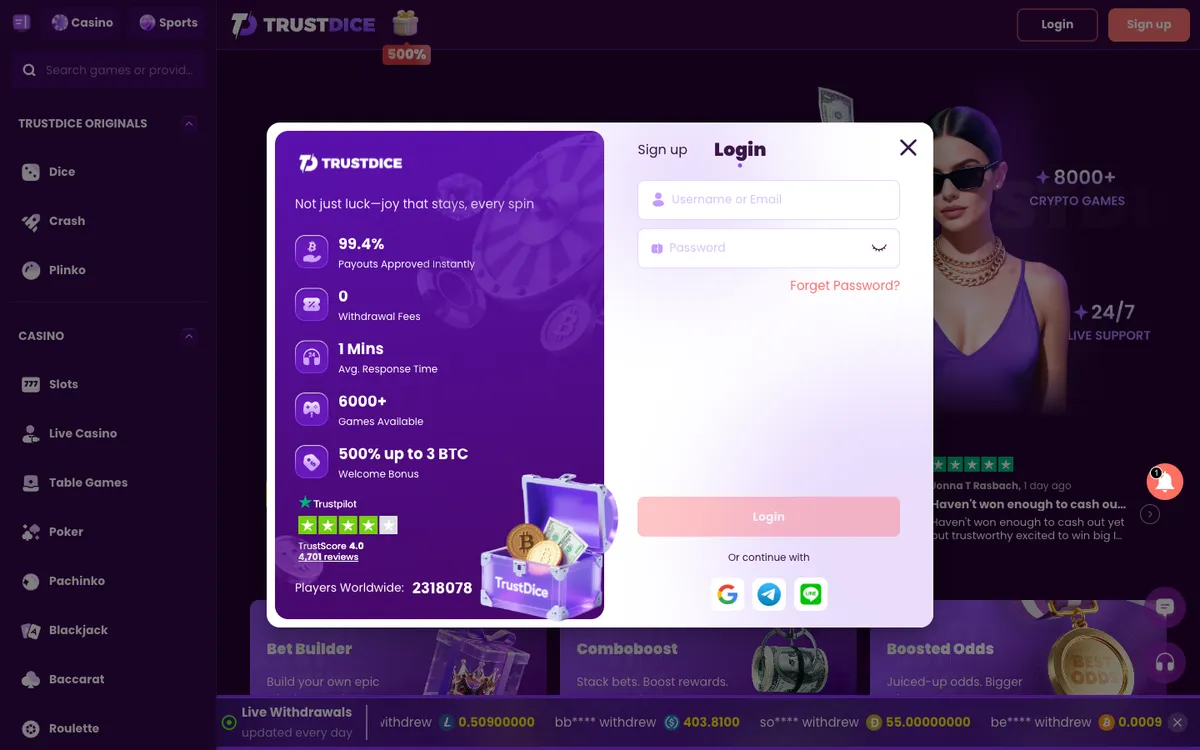 TrustDice Casino — Sign-up, captured from Belgium