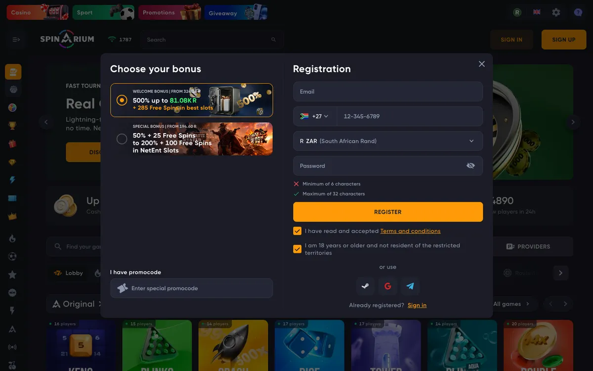 Spinarium Casino — Home page, captured from South Africa