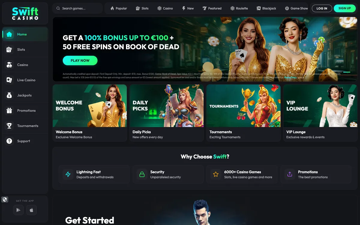 Swift Casino — Home page, captured from Switzerland