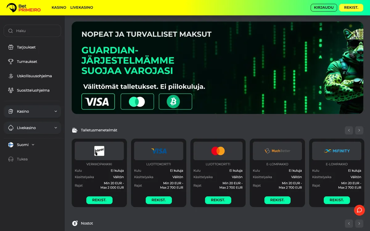 BetPRIMEIRO Casino — Payments, captured from Finland