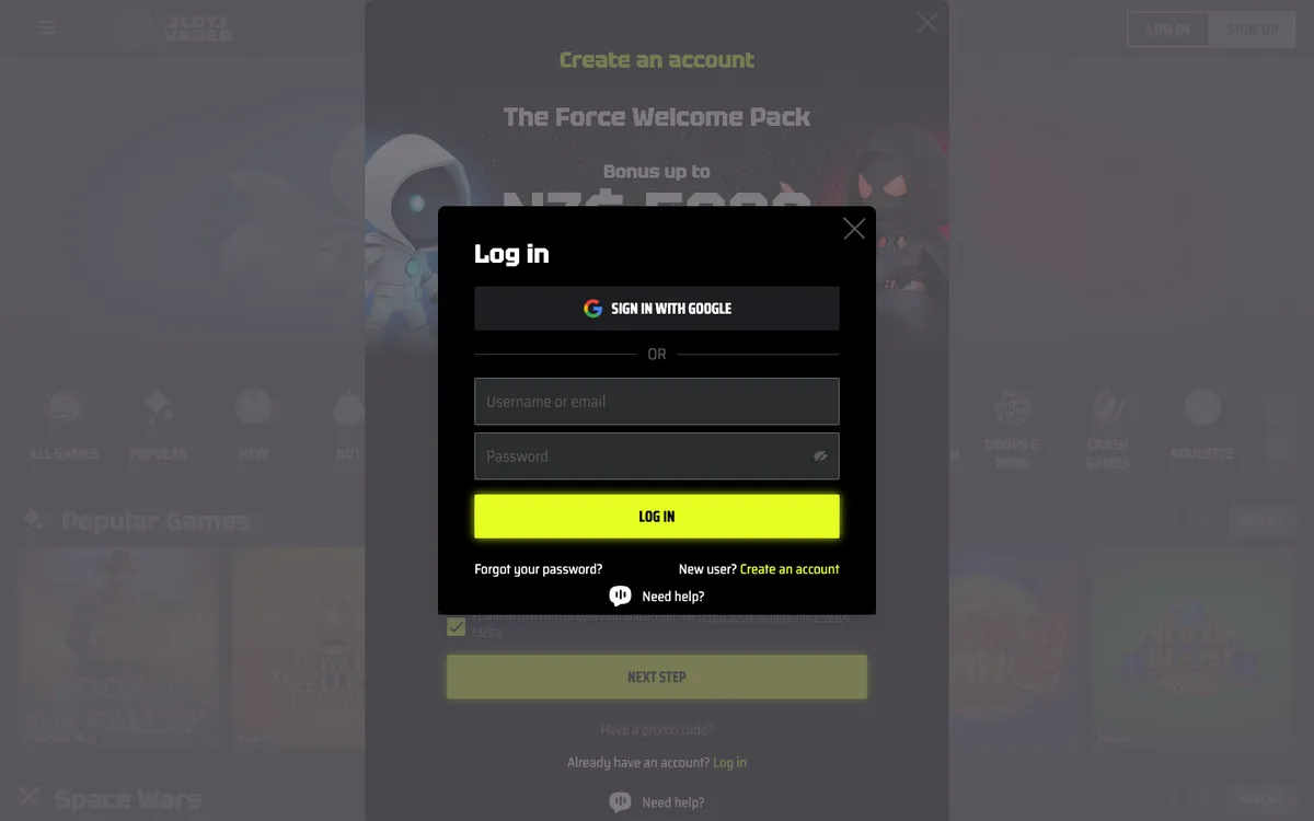 SlotsVader Casino — «Регистрация», снято из страны Новая Зеландия