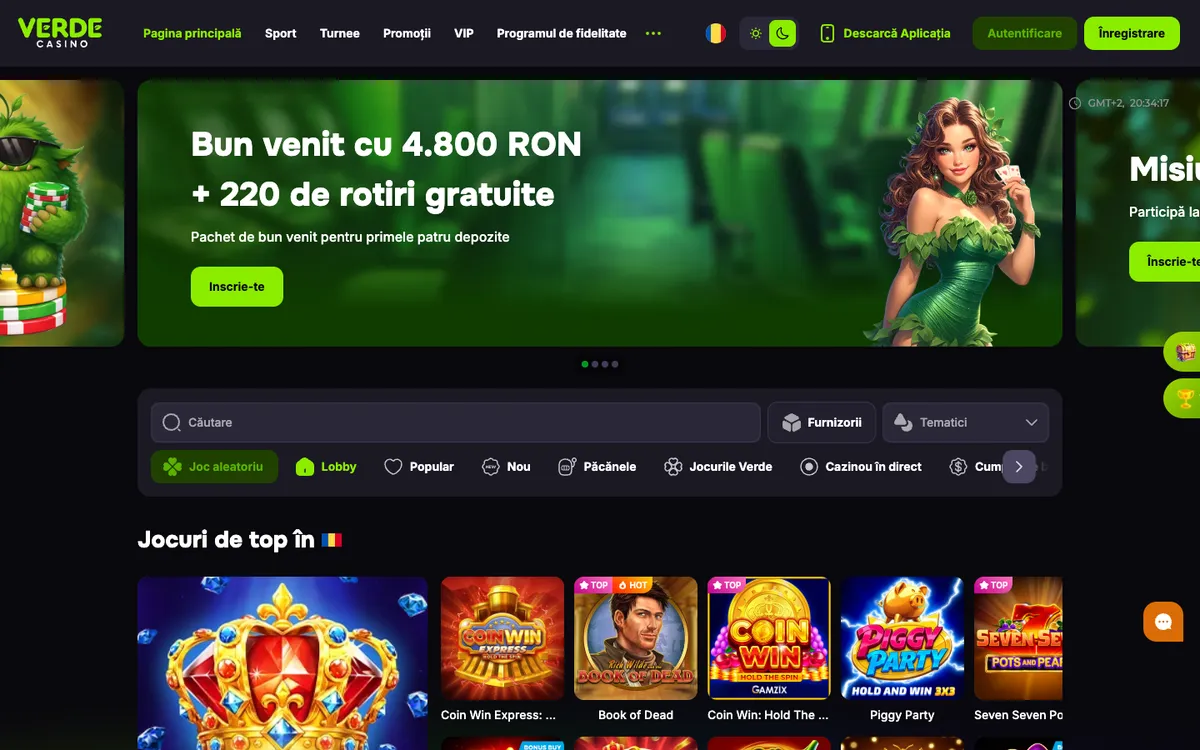 Verde Casino — Home page, captured from Romania