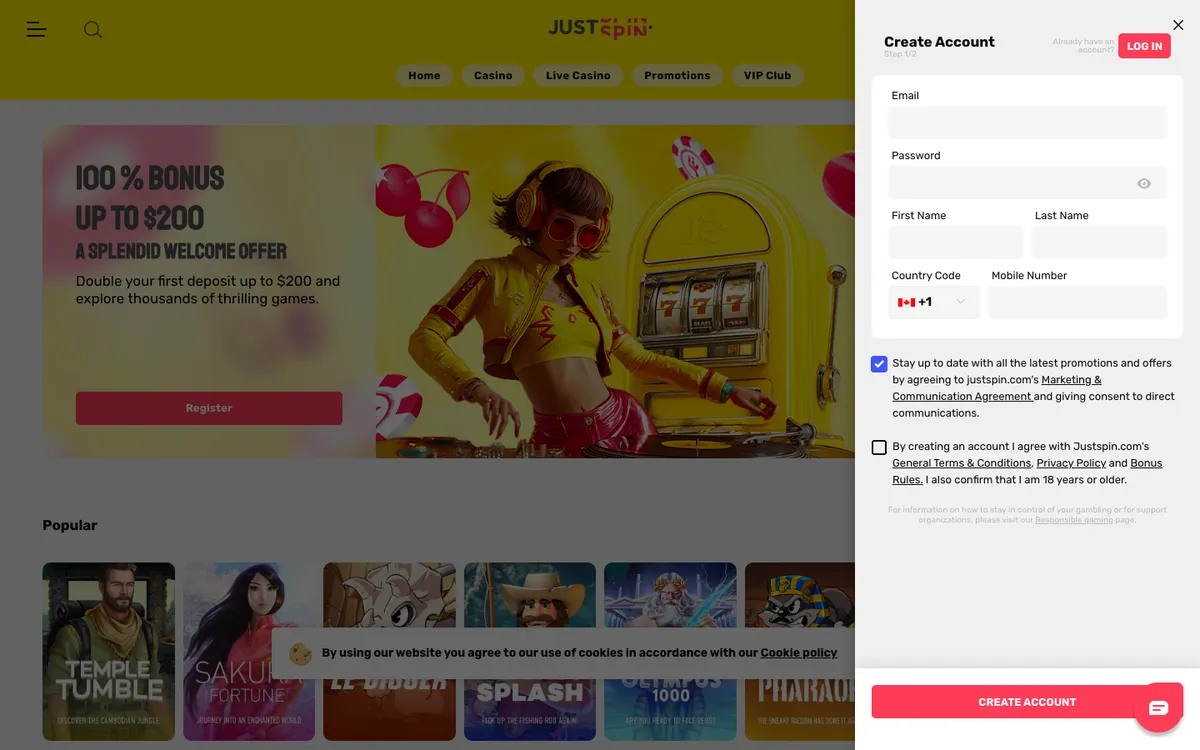 Justspin Casino — «Регистрация», снято из страны Канада