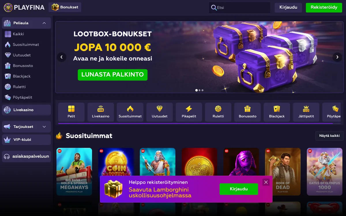 Playfina Casino — Home page, captured from Finland