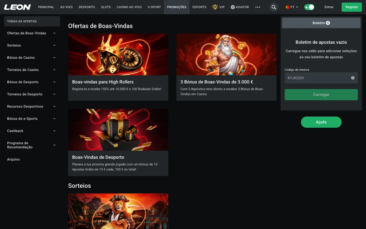 Leon Bet Casino — Promotions, captured from Portugal