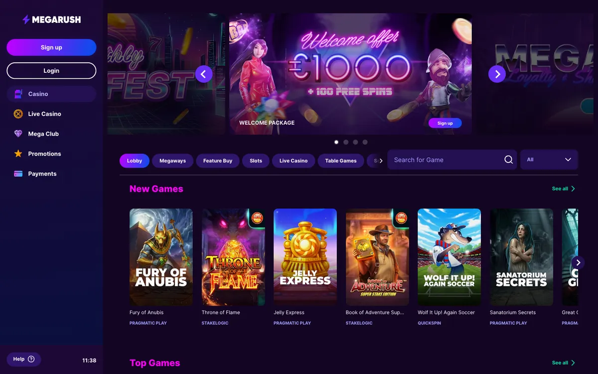 MegaRush Casino — Home page, captured from Canada