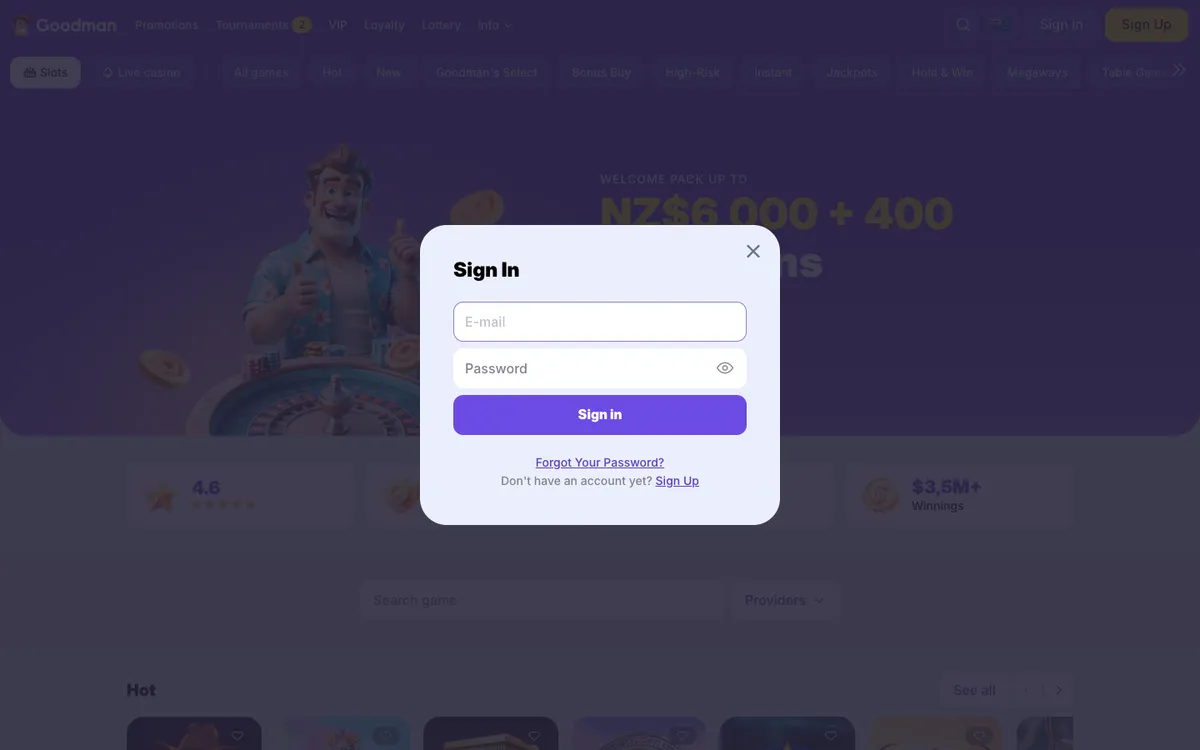 Goodman Casino — Sign-up, captured from New Zealand