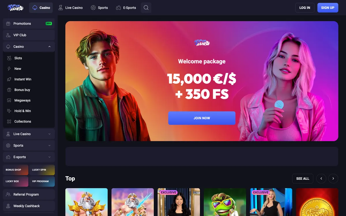 Spin Aura Casino — «Главная», снято из страны Новая Зеландия