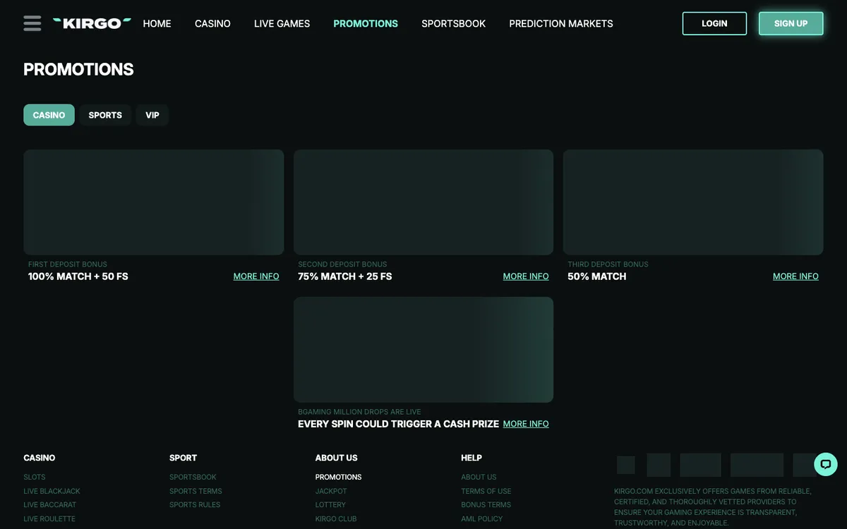 Kirgo Casino — Promotions, captured from New Zealand