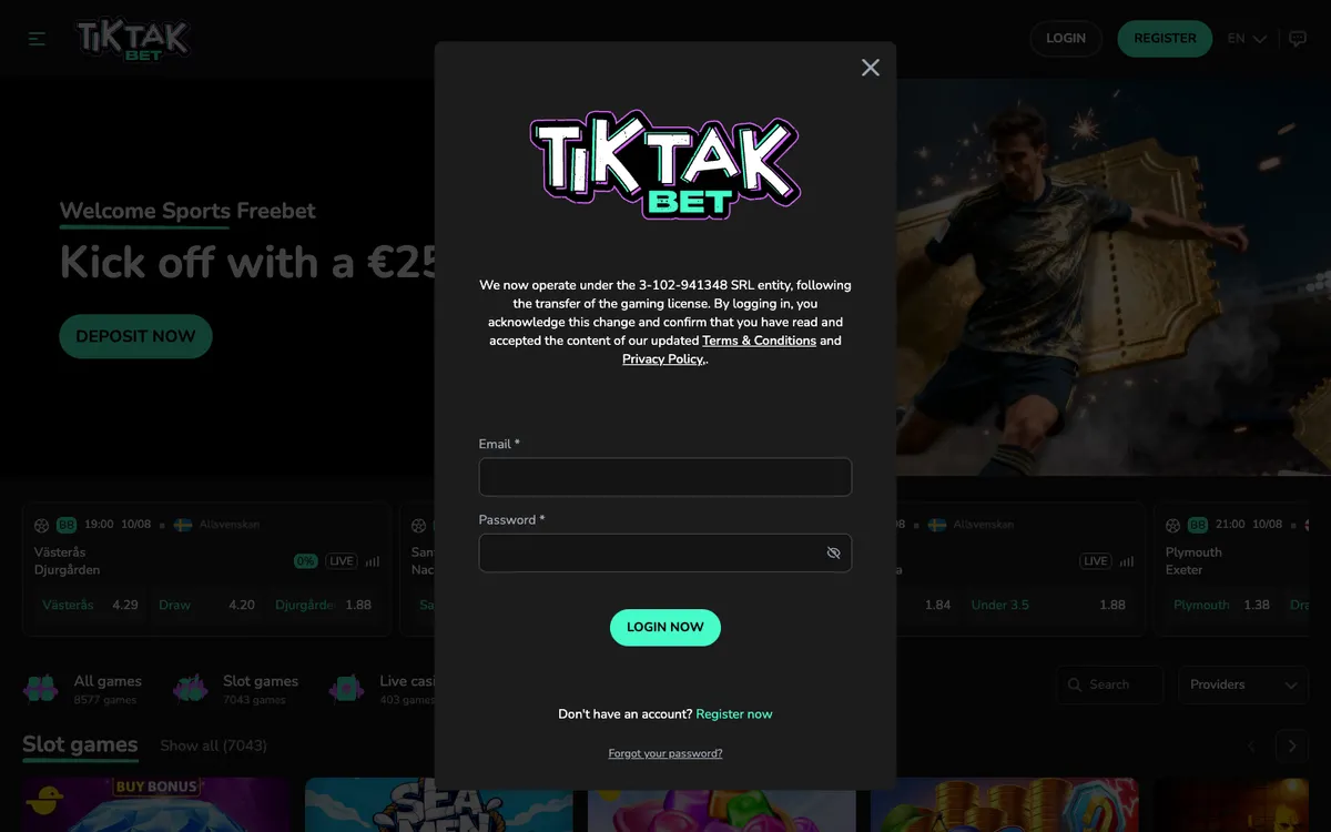 TikTak Bet Casino — Sign-up, captured from France
