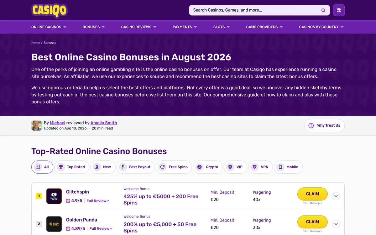 Casiqo Casino — Promotions, captured from Poland