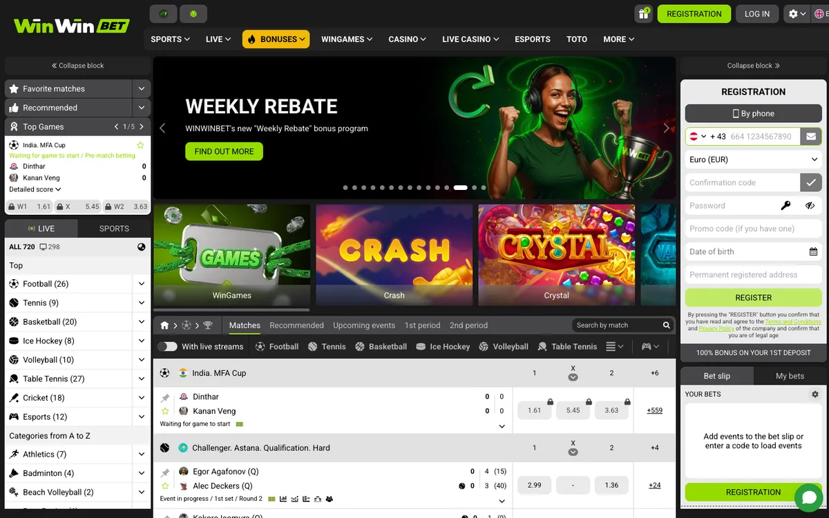 WinWinBet Casino — Home page, captured from Austria