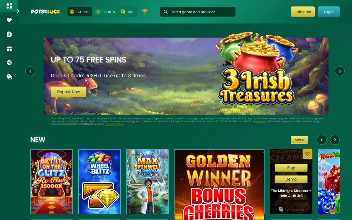 PotsOfLuck Casino — «Главная», снято из страны Великобритания