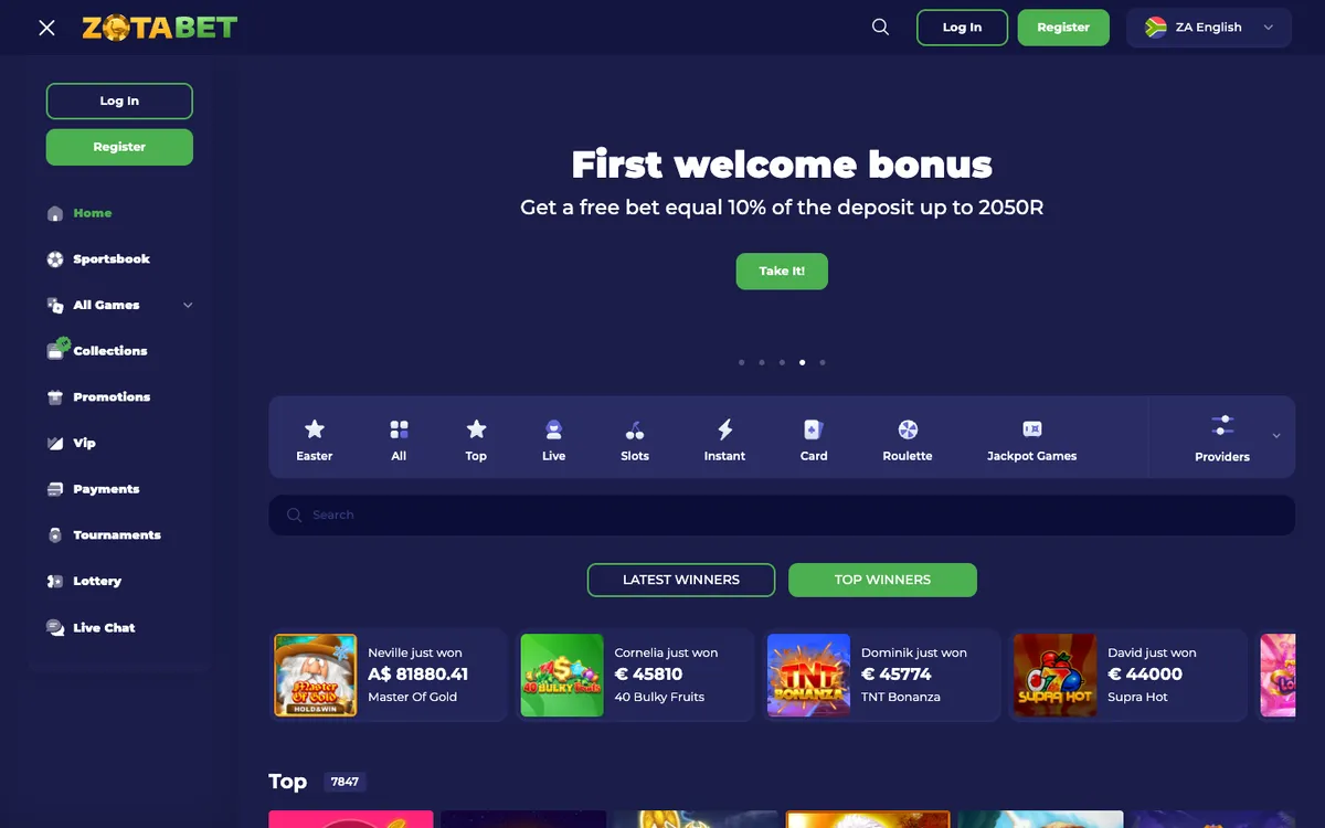 Zotabet Casino — Home page, captured from South Africa