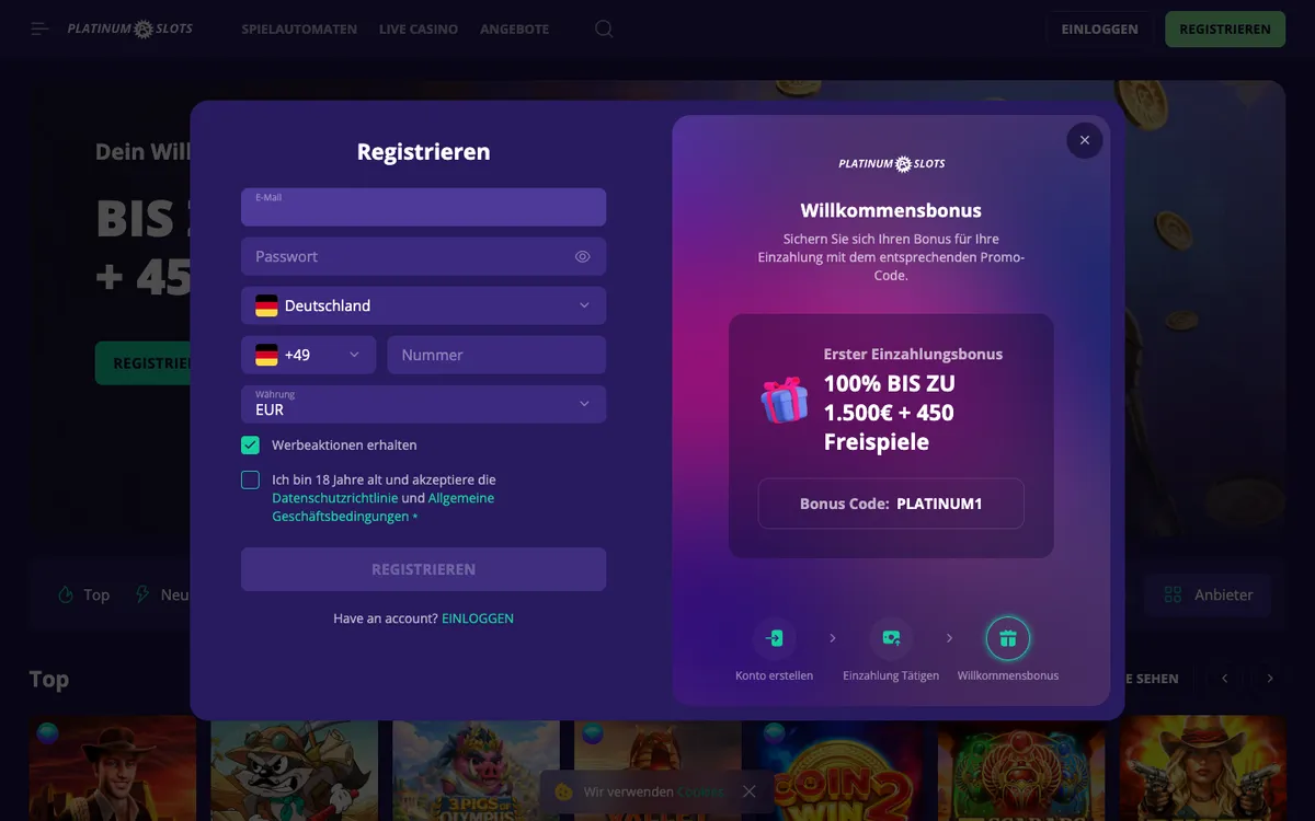Platinumslots Casino — Payments, captured from Germany