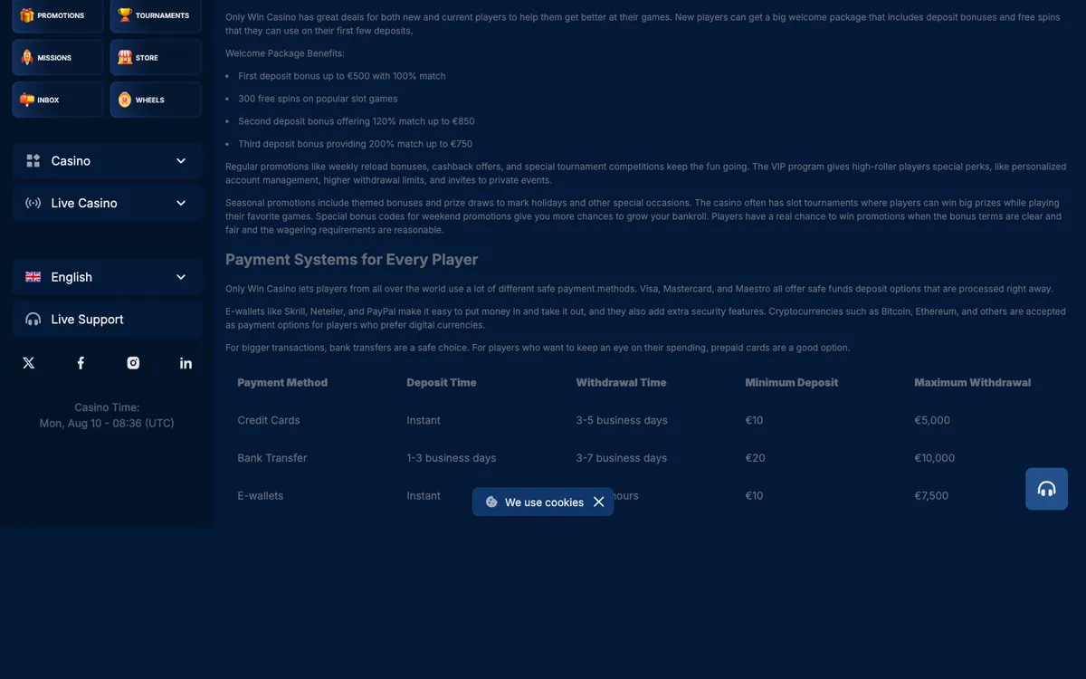 OnlyWin Casino — Home page, captured from France