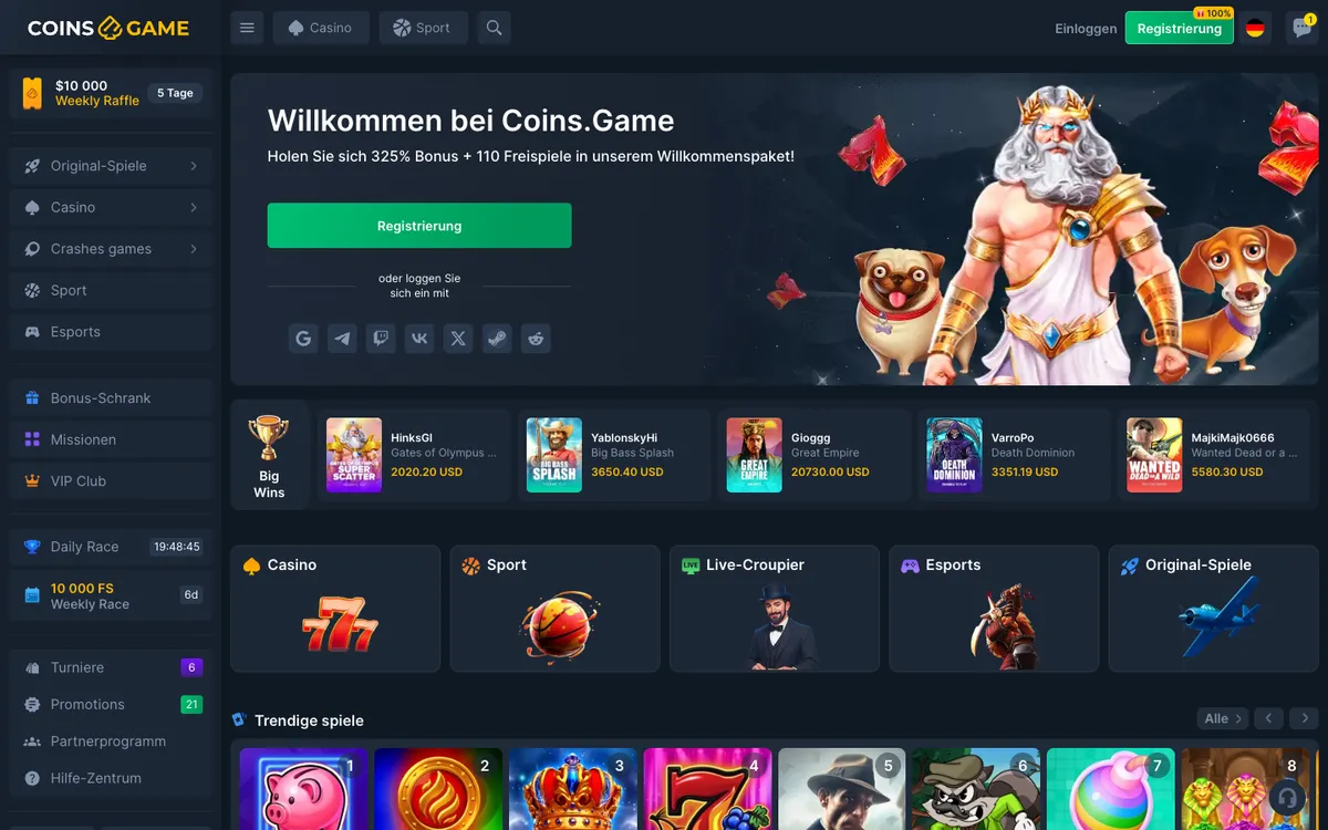 Coins Game Casino — Home page, captured from Austria