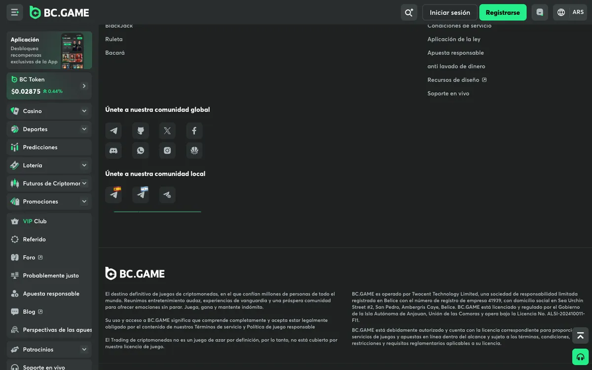 BC.Game Casino — Home page, captured from Argentina