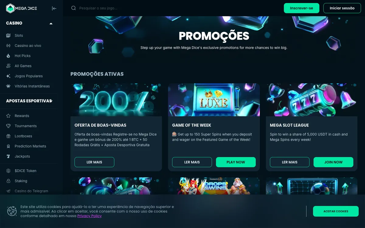 Mega Dice Casino — Promotions, captured from Brazil
