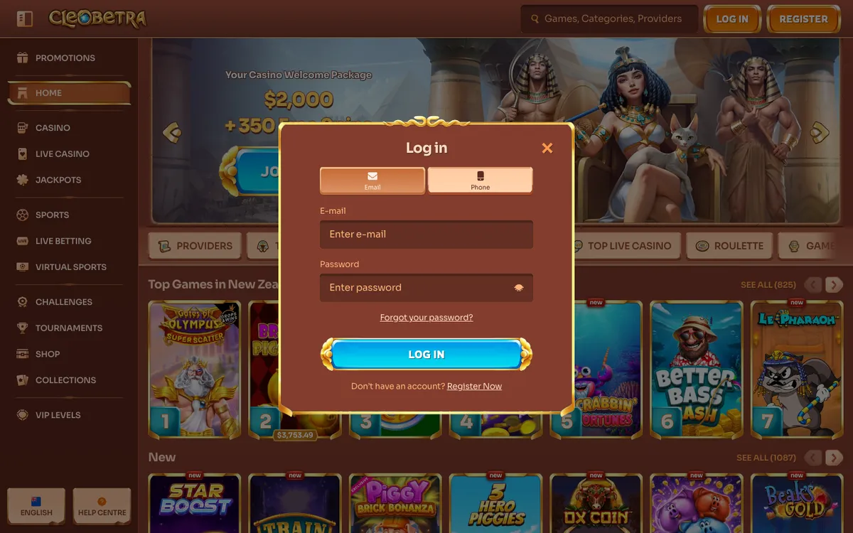 Cleobetra Casino — «Регистрация», снято из страны Новая Зеландия