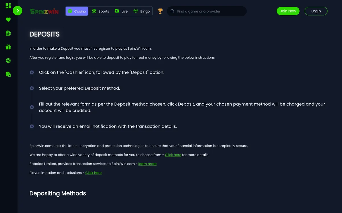 Spinzwin Casino — Payments, captured from United Kingdom
