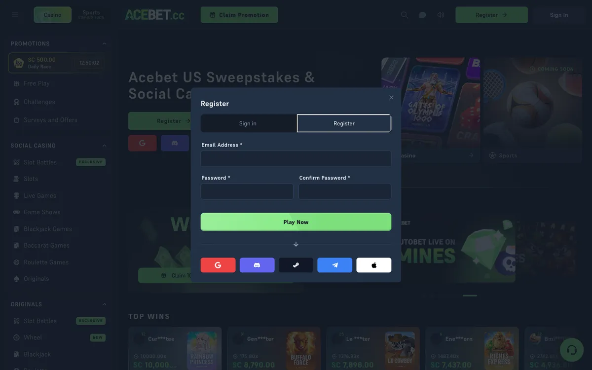 Acebet Casino — Sign-up, captured from United States