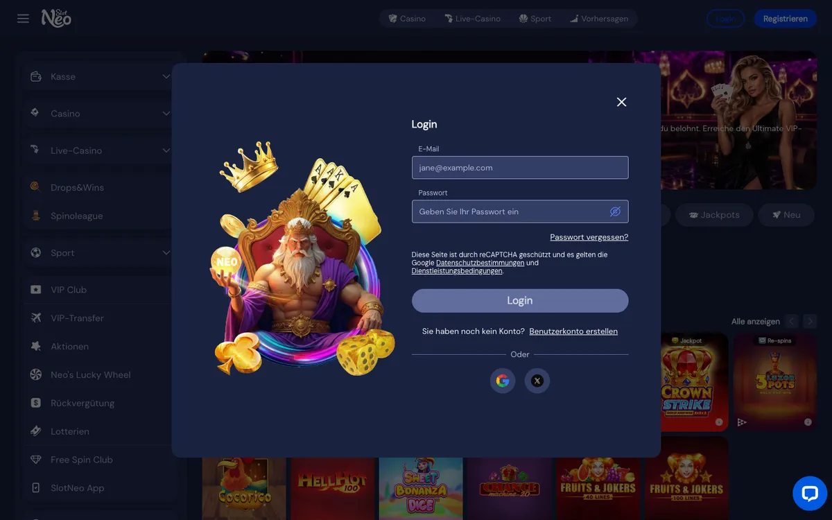 SlotNEO Casino — Sign-up, captured from Austria