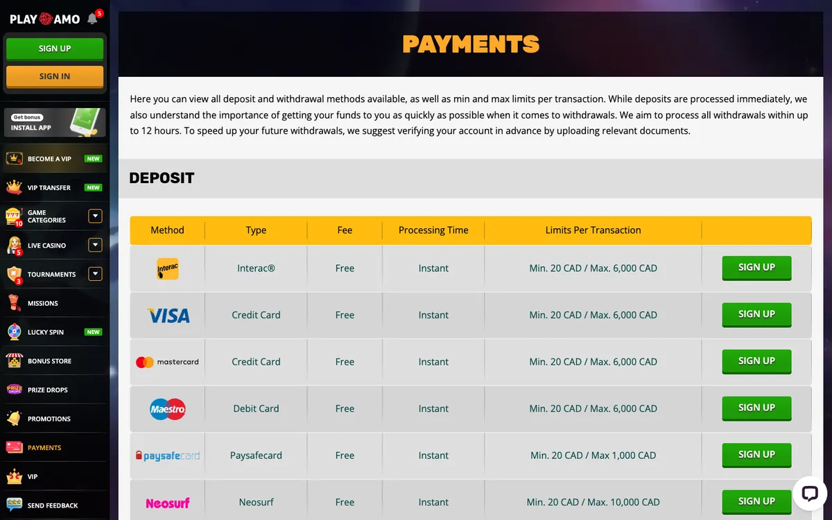 Playamo Casino — Payments, captured from Canada