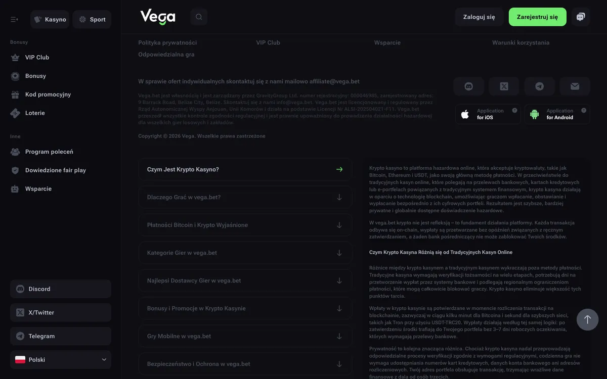 Vega.bet Casino — Home page, captured from Poland