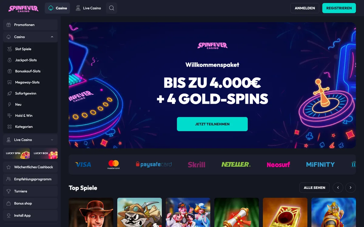 SpinFever Casino — Home page, captured from Germany