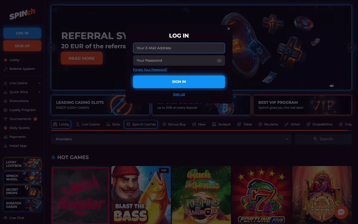 Spinch Casino — «Регистрация», снято из страны Южно-Африканская Республика