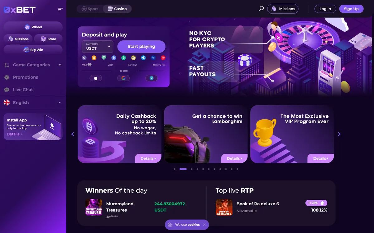 0x.bet Casino — Home page, captured from Brazil