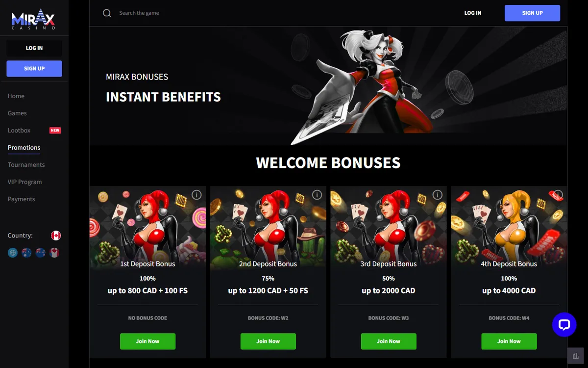 Mirax Casino — «Акции», снято из страны Канада