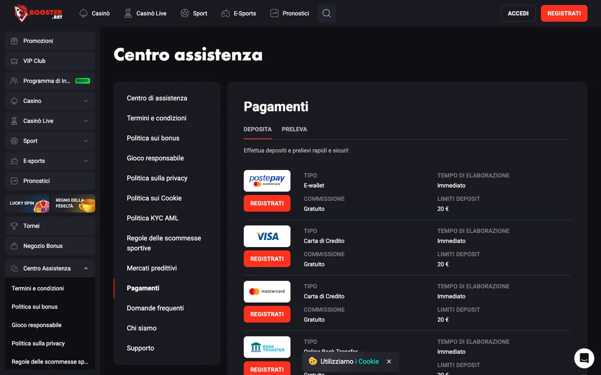 Rooster Bet Casino — Payments, captured from Italy