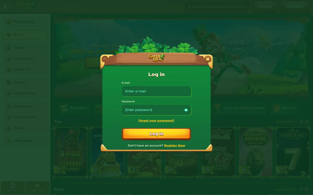 Greenluck Casino — «Регистрация», снято из страны Канада