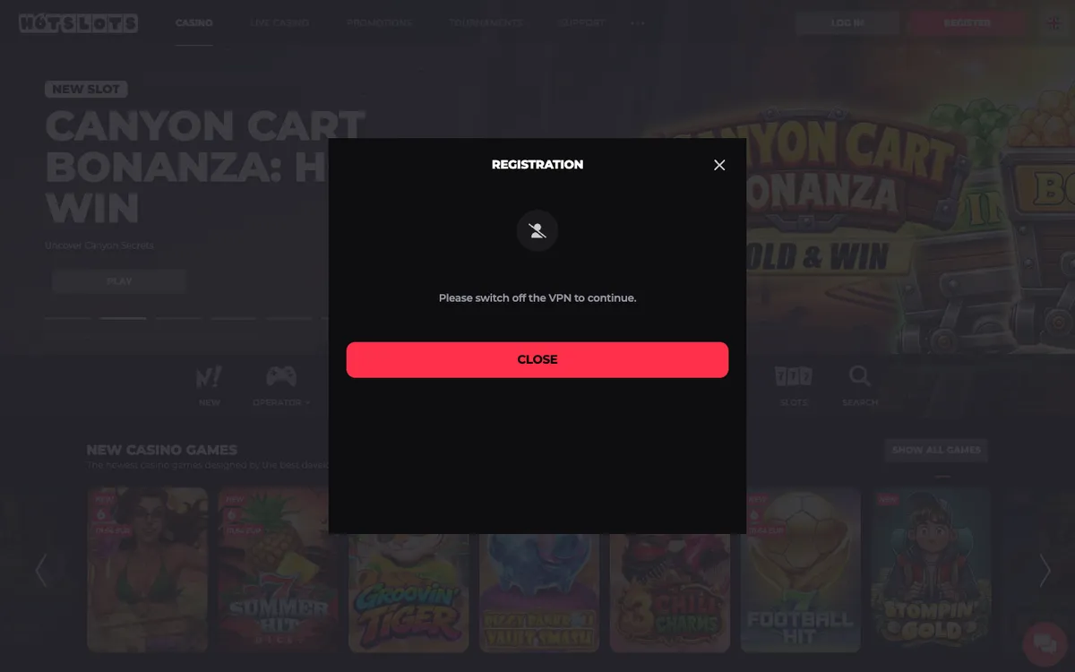 HotSlots Casino — Sign-up, captured from Spain