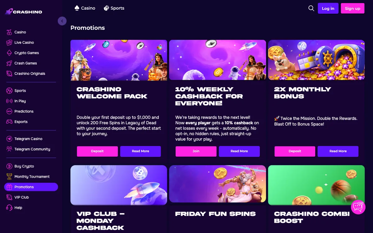 Crashino Casino — Promotions, captured from Belgium