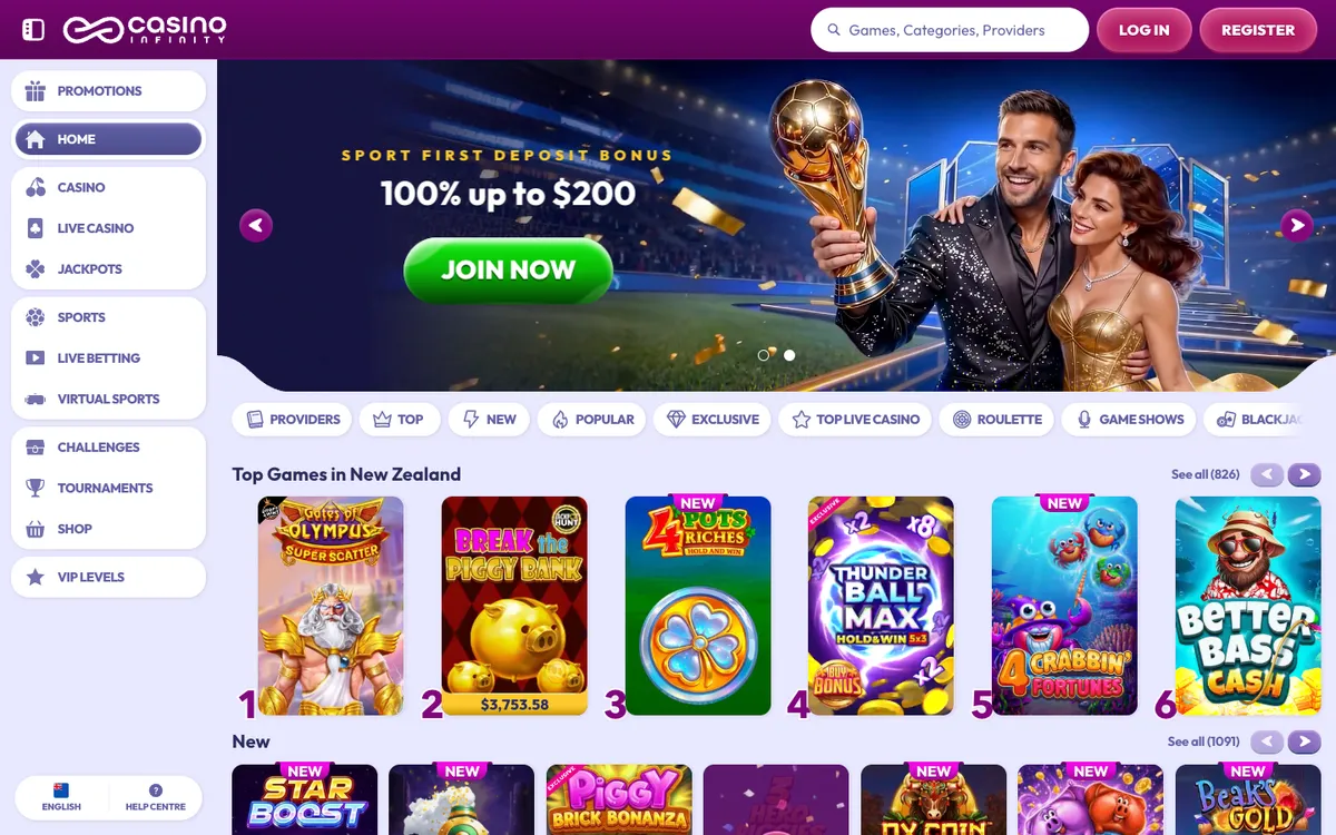 Casino Infinity — Home page, captured from New Zealand