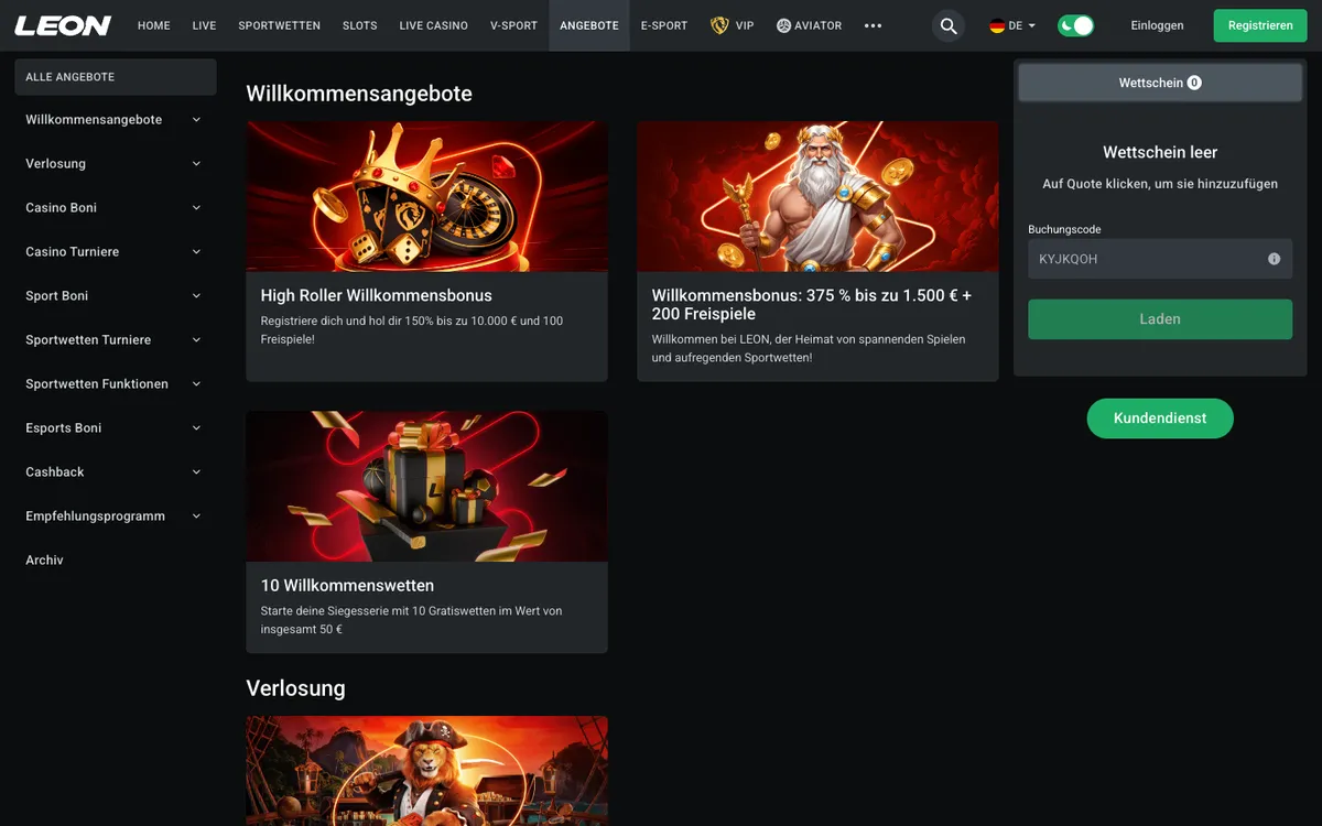 Leon Bet Casino — Promotions, captured from Austria