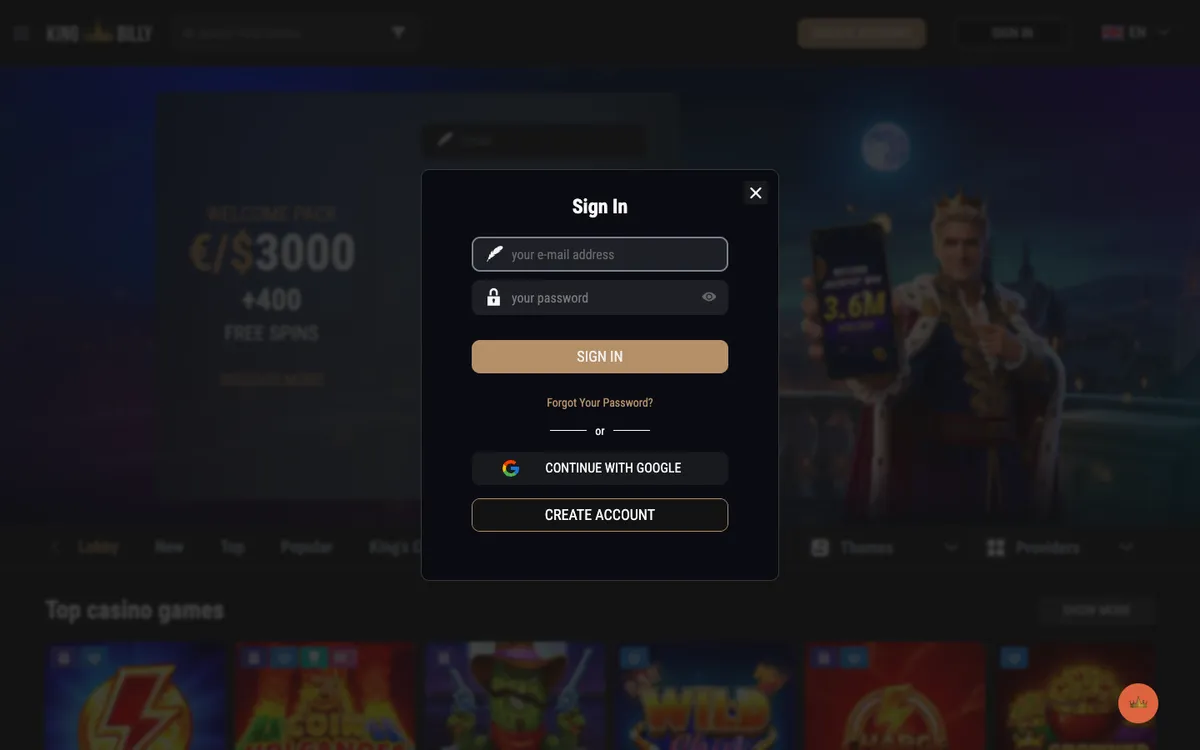 King Billy Casino — Sign-up, captured from Belgium