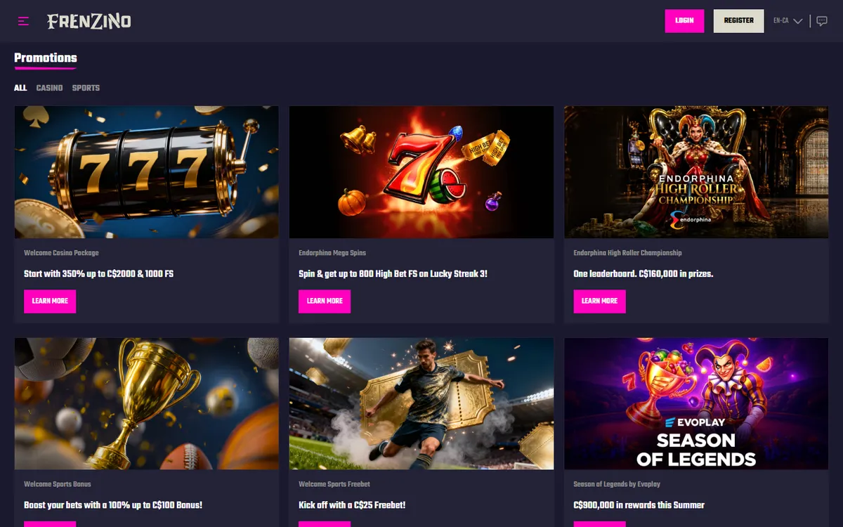 Frenzino Casino — Promotions, captured from Canada