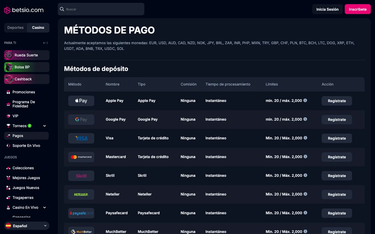 Betsio Casino — Payments, captured from Mexico
