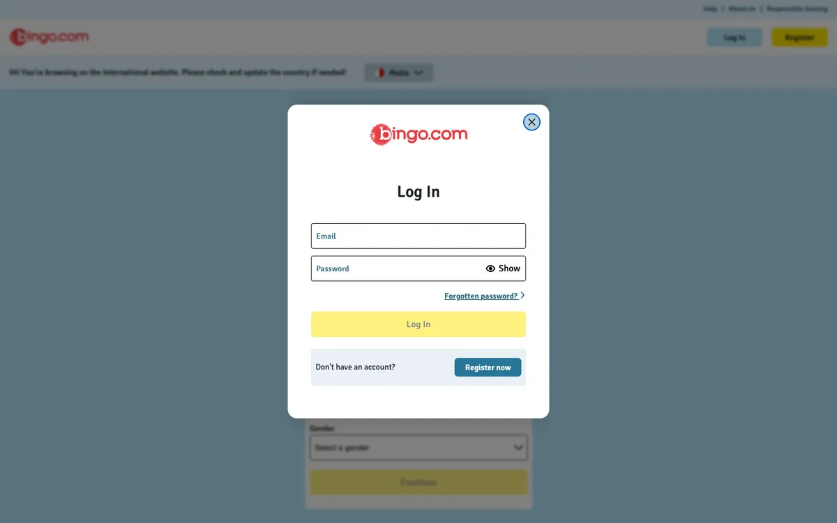 Bingo.com Casino — Sign-up, captured from Austria