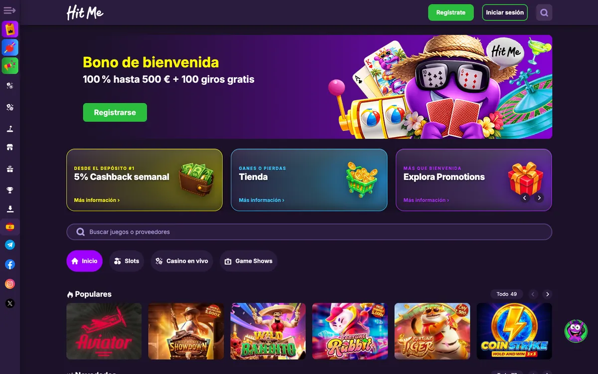 Hit Me Casino — Home page, captured from Colombia