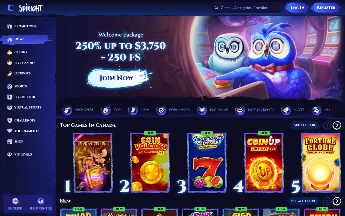 Spinight Casino — Home page, captured from Canada