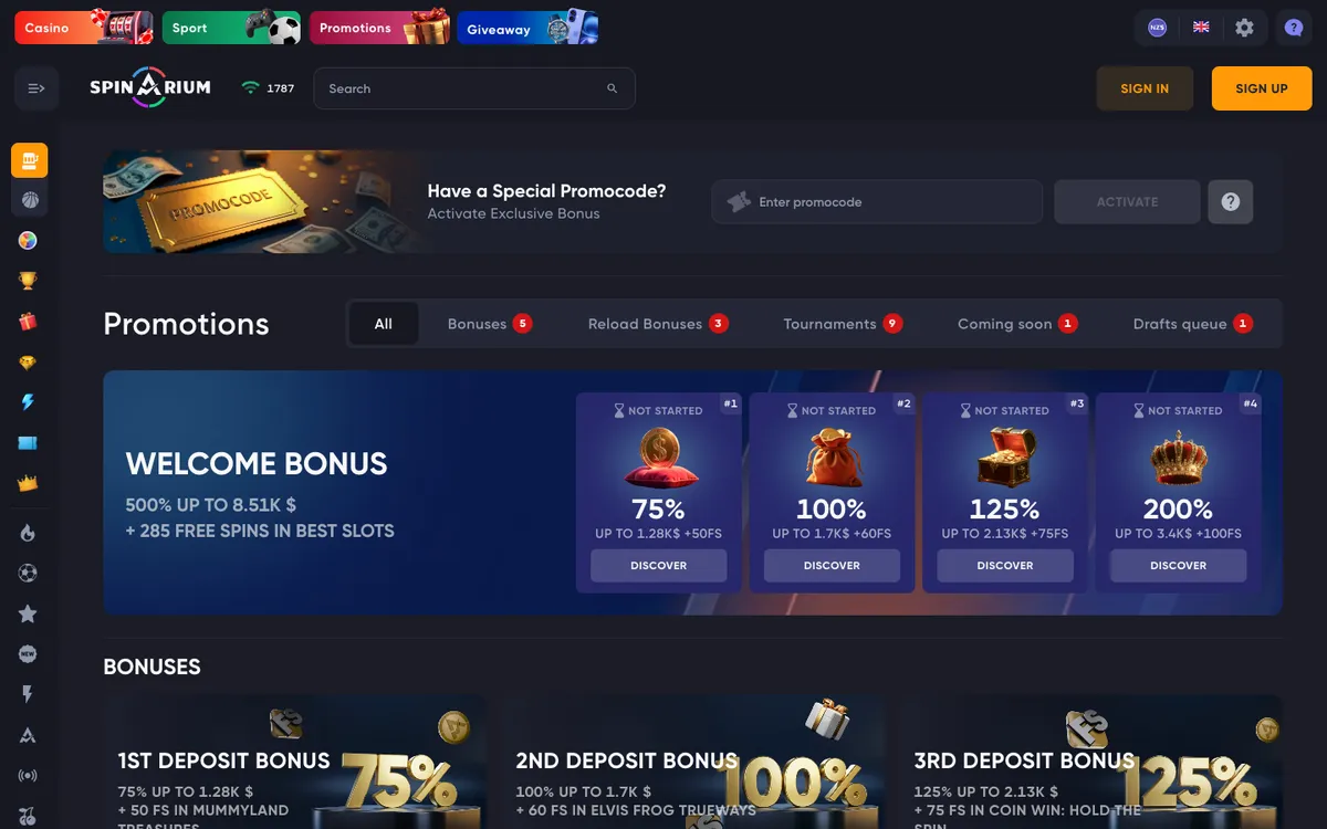 Spinarium Casino — «Акции», снято из страны Новая Зеландия