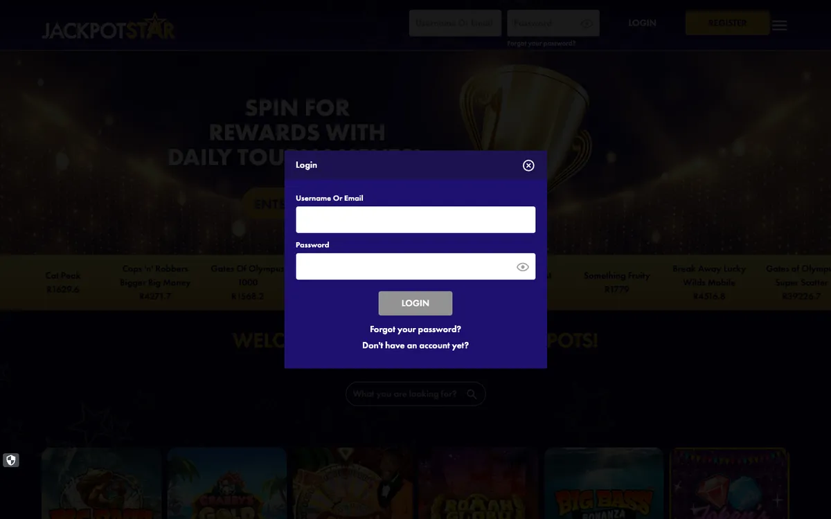 Jackpot Star Casino — «Регистрация», снято из страны Южно-Африканская Республика