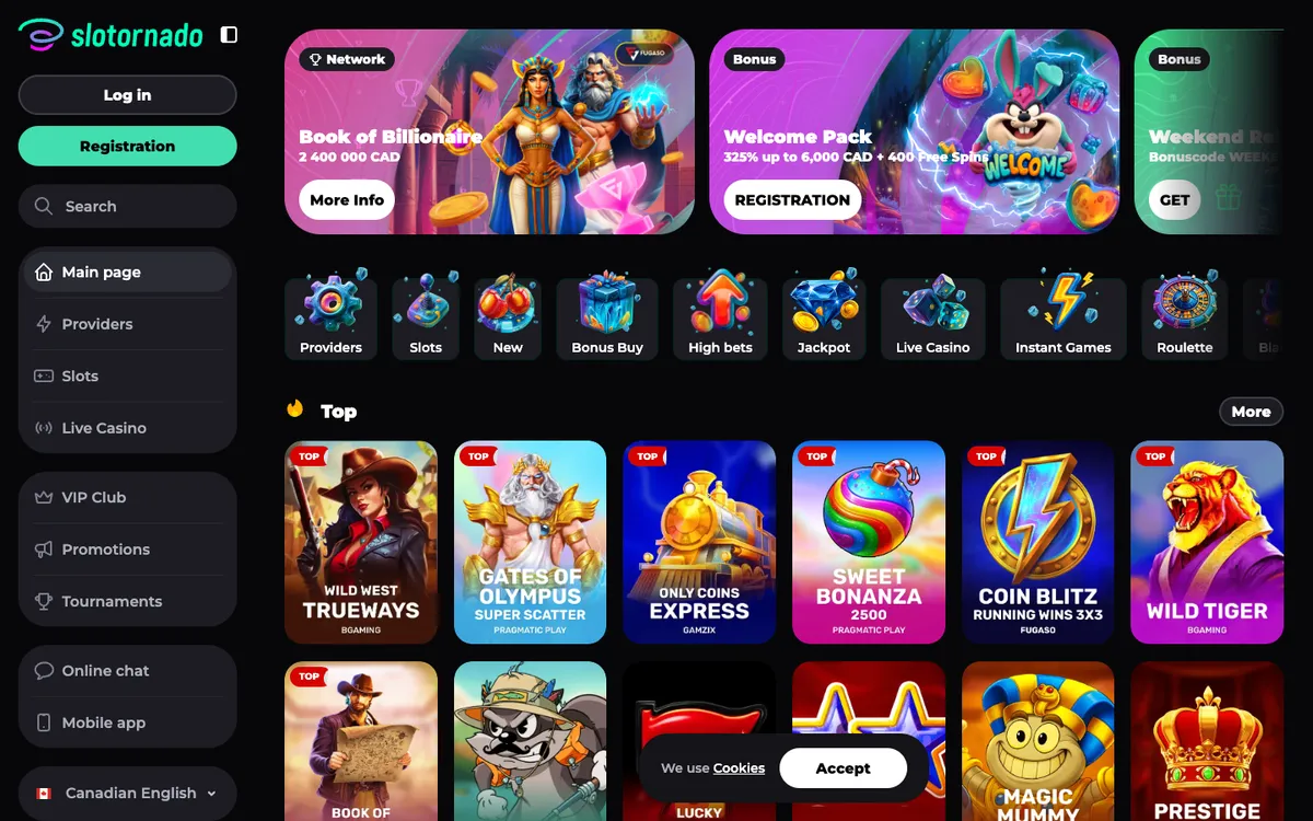 Slotornado Casino — Home page, captured from Canada