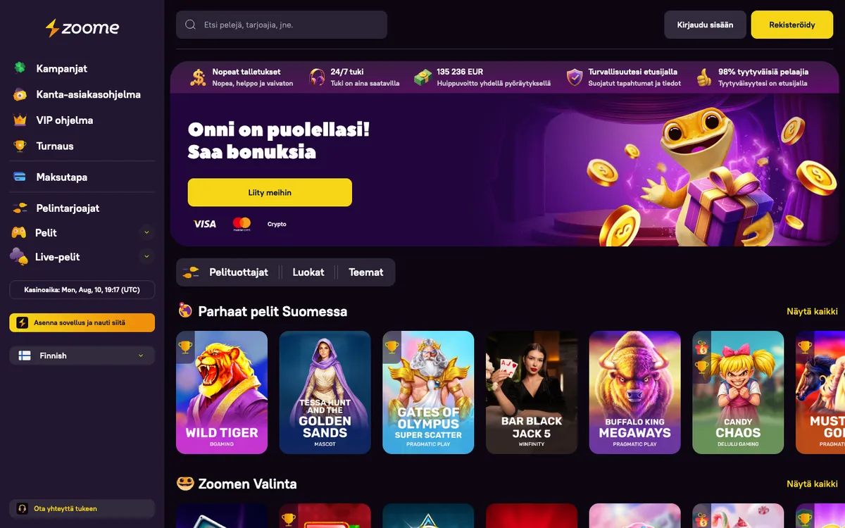 Zoome Casino — Home page, captured from Finland