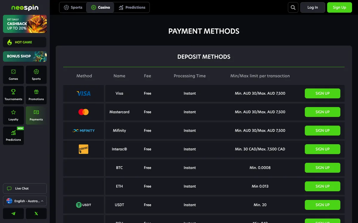 Neospin Casino — Payments, captured from Australia